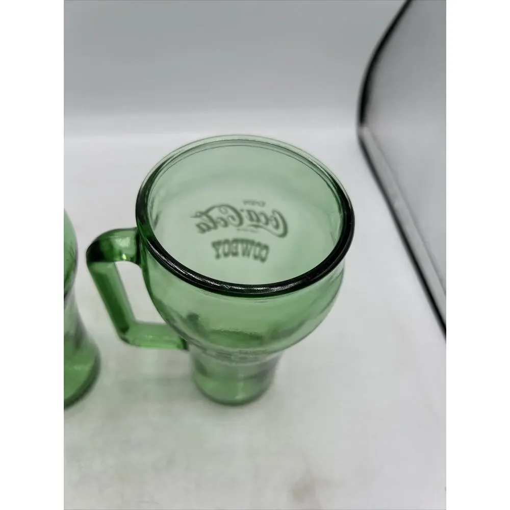 2 Vintage 1980's Coca-Cola Cowboy Whataburger Green Glass Handled Mugs